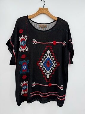 Double D Ranch Embroidered Southwestern Knit Short Sleeve Sweater Size L